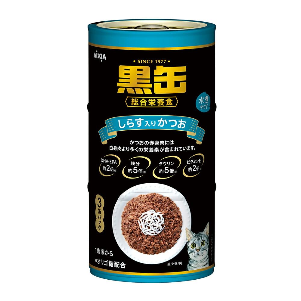 AIXIA 黒缶 かつお 3缶入り　ささみ　、しらす入りかつお30缶 Amazon.co.jp: アイシア 黒缶3P しらす入りかつお （160g×3缶）×18コ